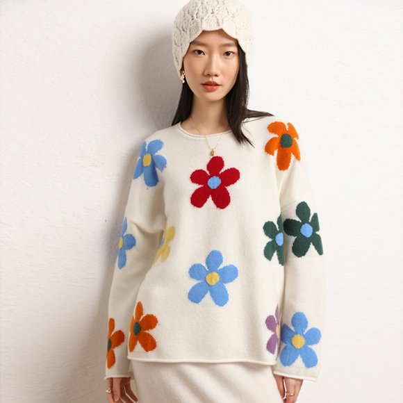 Wenig Sweaters - Light Luxury - Women's Embroidered Colorful Floral Cashmere Sweater